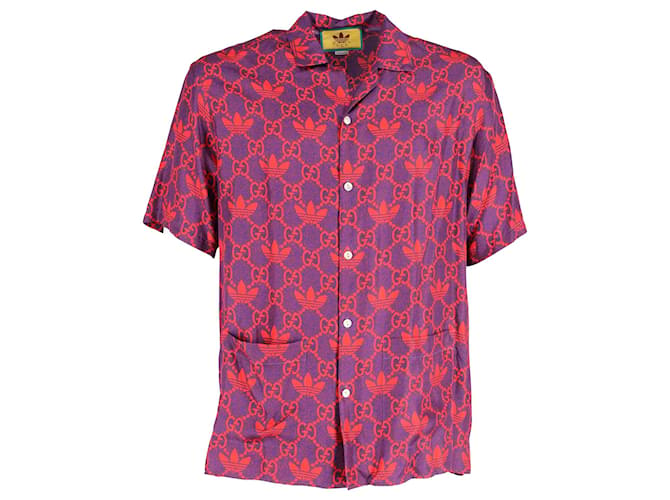 Camisa Bowling de manga corta Gucci x Adidas en seda morada y roja Multicolor  ref.1056398