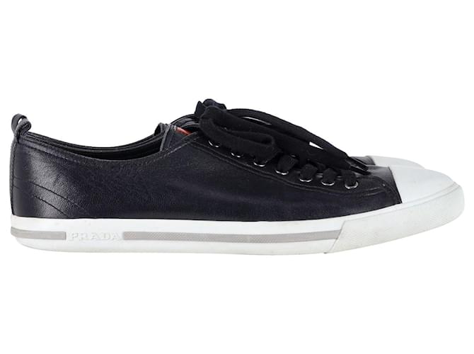 Prada Lace Up Sneakers in Navy Blue Leather   ref.1056404
