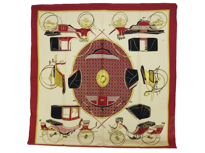 Hermès HERMES CARRE 90 LES VOITURES A TRANSFORMATION Scarf Silk Red Beige Auth bs8066  ref.1056803