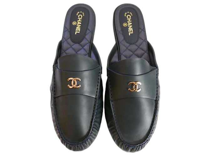 Chanel CC logo mules moccasins Blue Leather  ref.1056916