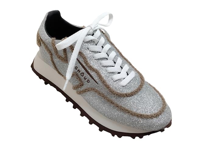Autre Marque Ghoud Silber / Braune Schwamm-Glitzer-Sneaker Leder  ref.1057020