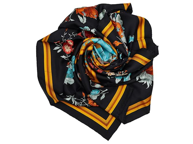 Hermès Hermes Black Quai Aux Fleurs Silk Scarf Cloth  ref.1057363