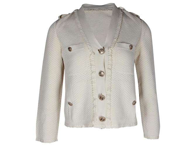 Chanel-Cardigan mit Rüschen vorne und Knopfleiste aus cremefarbener Baumwolle Weiß Roh  ref.1057581
