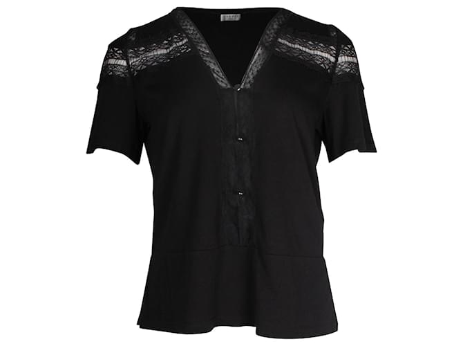 Sandro Paris Lace-Trimmed Buttoned Blouse in Black Cotton  ref.1057627