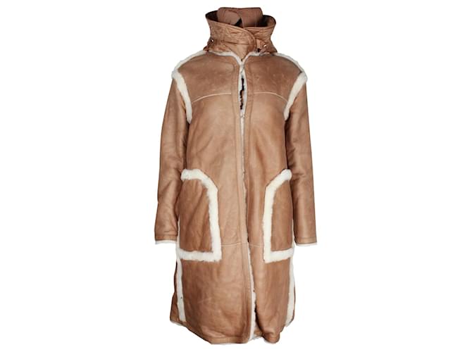 Moncler Manteau Cotoneaster avec bordure en peau de mouton et cuir beige  ref.1057632
