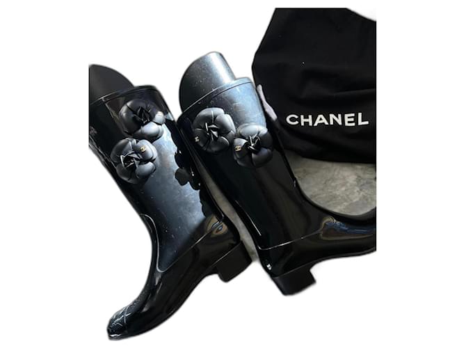Chanel Black Rubber Camellia Rain Boots Size 38 Chanel