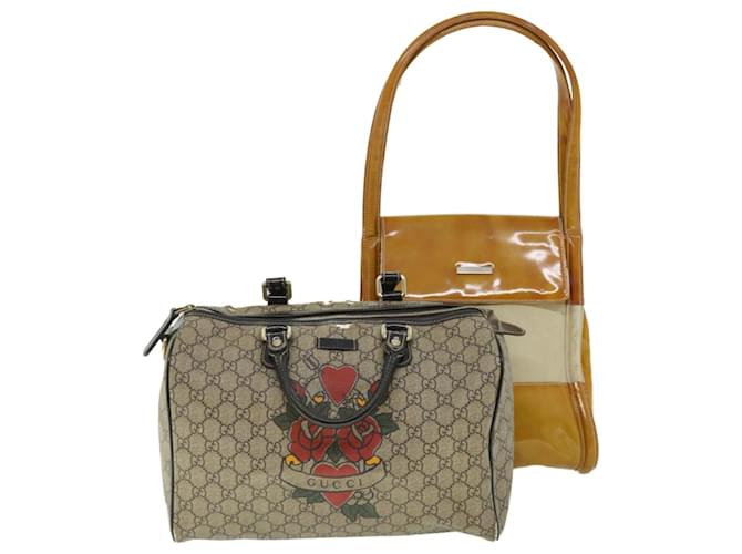 GUCCI GG Canvas Hand Bag PVC Leather Patent 2Set Beige Auth bs7882  ref.1057902