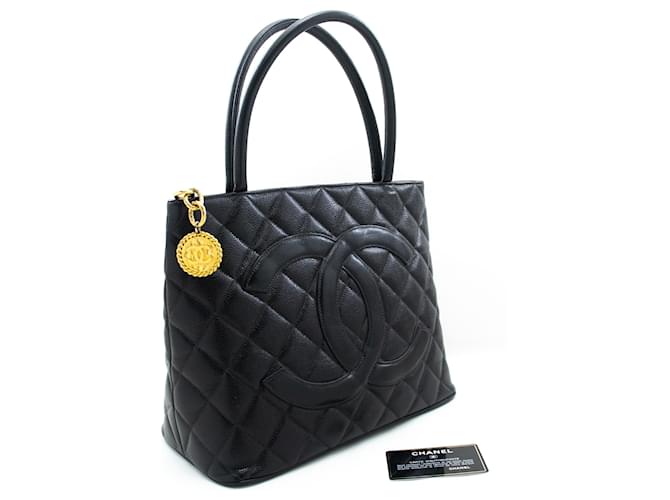 CHANEL Gold Medallion Caviar Shoulder Bag Grand Shopping Tote Black Leather  ref.1057969