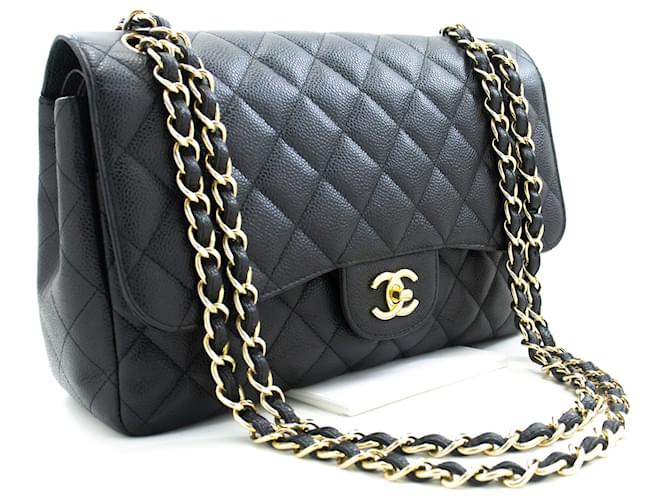 Authentic Chanel Square Mini Flap Bag Black Grained Calfskin Caviar Leather  with Gold Hardware