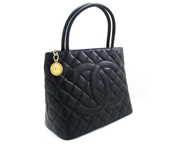 CHANEL Gold Medallion Caviar Shoulder Bag Grand Shopping Tote Black Leather  ref.1057974