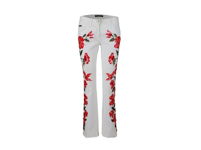 Dolce & Gabbana Pantalones florales adornados Blanco Algodón  ref.1058065