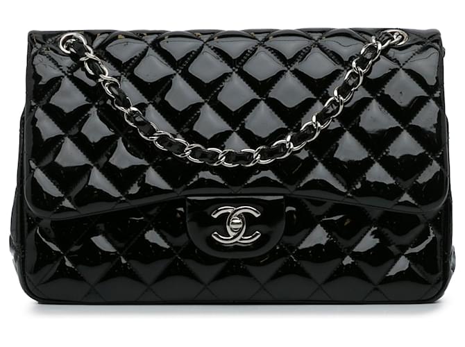 Chanel Black Quilted Patent Leather New Classic Double Flap Jumbo
