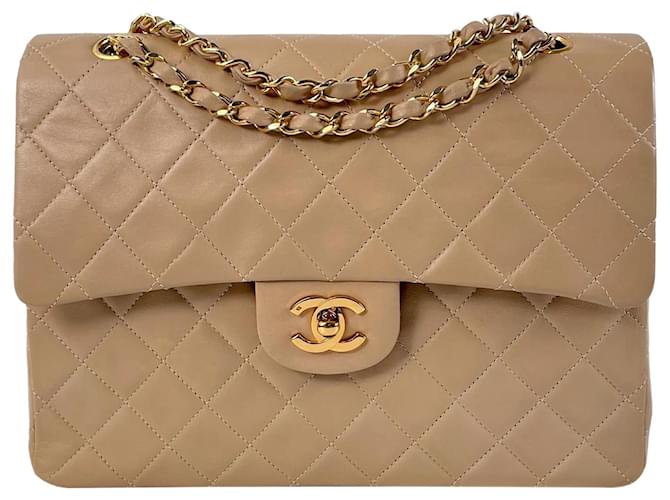 Chanel Brown Medium Tall Classic Lambskin Double Flap Beige Leather  ref.1058462 - Joli Closet