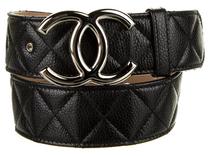 Chanel Black Quilted Caviar Leather Belt with Shiny Silver CC Buckle.  100/40 Large