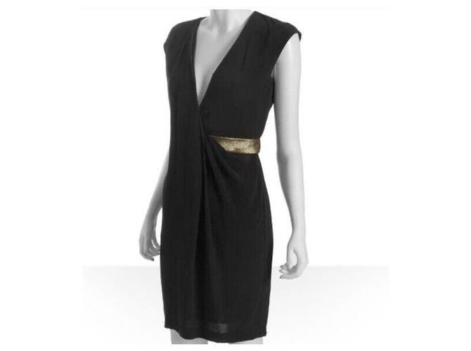 Diane Von Furstenberg DvF Evangeline-Kleid mit goldener Schärpe und Seidenfutter Schwarz