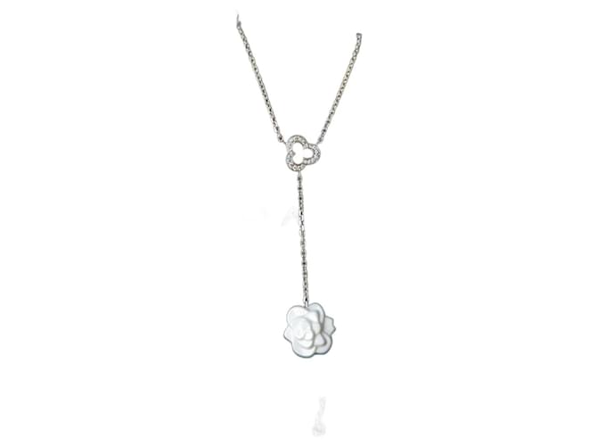 Necklaces Chanel Camellia White Agate Diamond Necklace J2934 750wg Box Cert