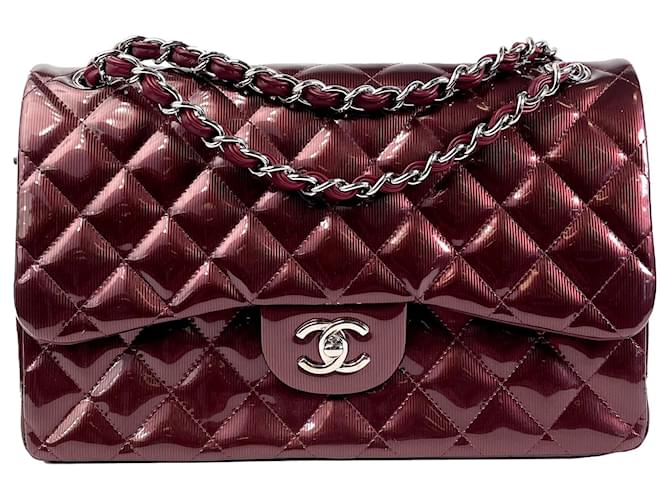 Chanel Red Jumbo Classic Patent Double Flap Dark red Leather