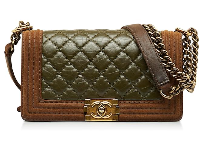 Chanel Olive Green/Brown Suede and Quilted Leather Medium Boy Shoulder Bag  Chanel