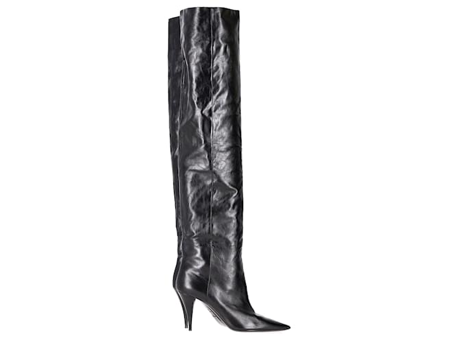 Saint Laurent Thigh High Pointed-Toe Boots in Black Leather  ref.1059739