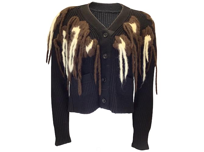 sacai Black / ivory / Brown Yarn Detail Ribbed Knit Cardigan Sweater Wool  ref.1060202
