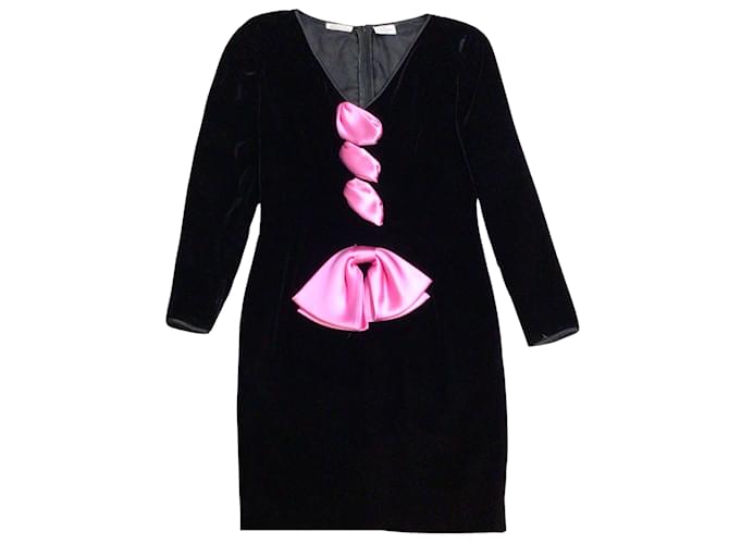 Valentino Boutique Vintage Black / Pink Satin Bow Detail Long Sleeved V-Neck Velvet Dress  ref.1060213
