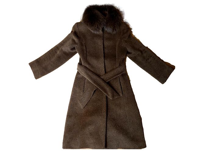 Max Mara Wool and Alpaca Coat with Removable Fur Collar Light Brown