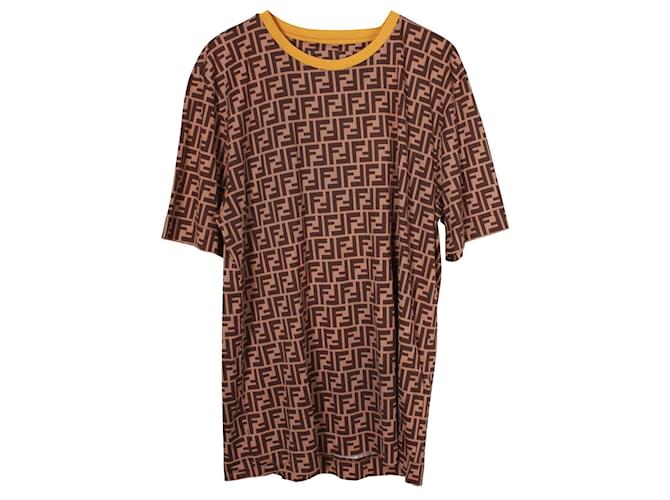 Fendi Brown Monogram Cotton T-Shirt with Yellow Trim ref