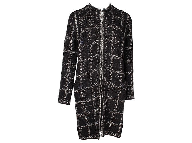 Timeless Chanel Schwarz-weißer langer Woll-Tweed-Mantel