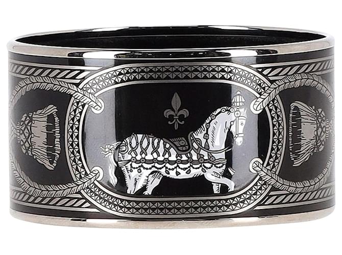 Hermès Brazalete Hermes Grand Apparat en esmalte negro y metal plateado  ref.1060900
