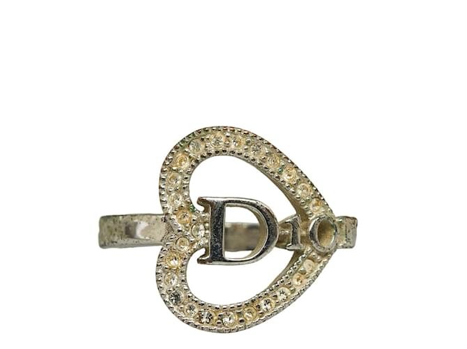 Dior Logo Heart Rhinestone Metal Ring in Very Good Condition Silvery  ref.1061186