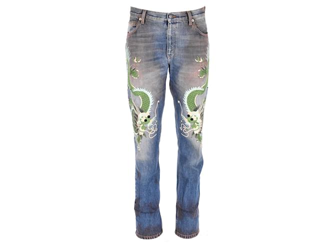 Gucci Embroidered Dragon Jeans in Blue Cotton  ref.1061383