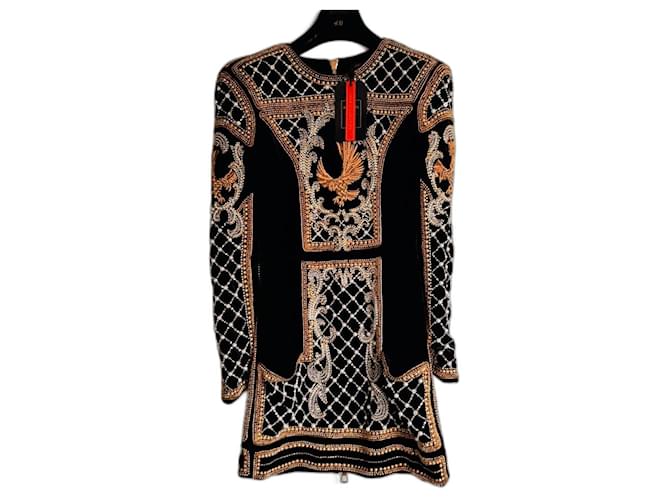 Balmain pour H&M Iconic Balmain Paris 'conditionment' or 'Eagle' dress Black Golden Velvet  ref.1061528