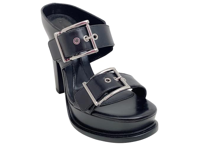 Alexander McQueen Black Leather Platform Sandals with Silver Buckles  ref.1061676