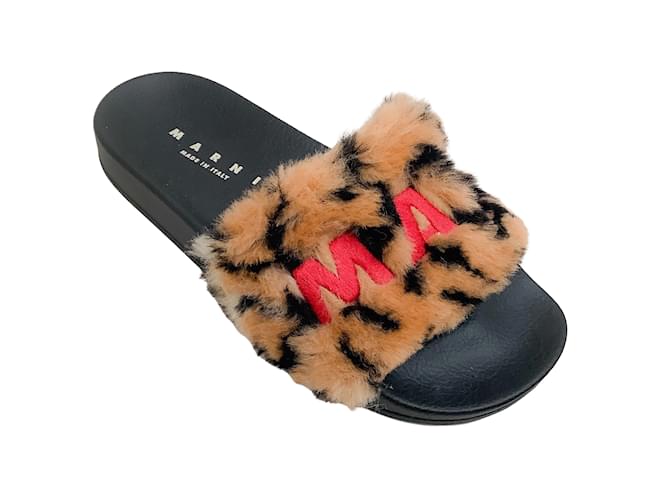 Marni Camel / Black Leopard Faux Fur Embroidered Logo Slide Sandals Brown  ref.1061739