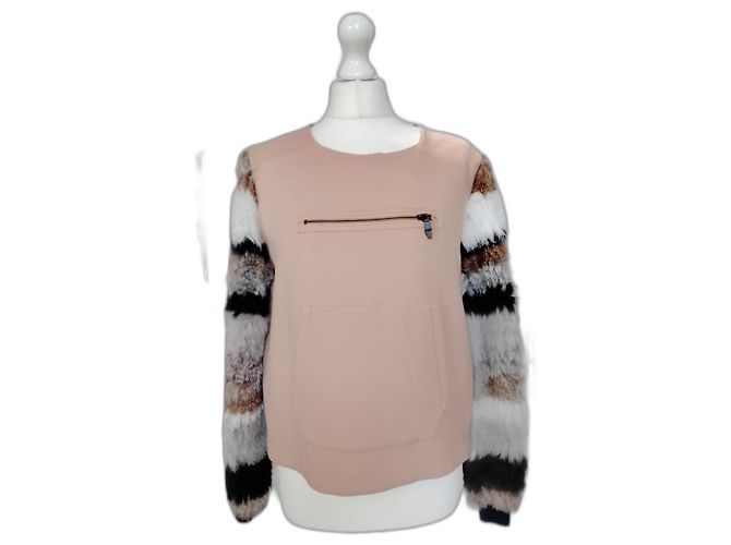 Opening Ceremony Beige Pullover mit mehrfarbigem Fellärmel Mehrfarben