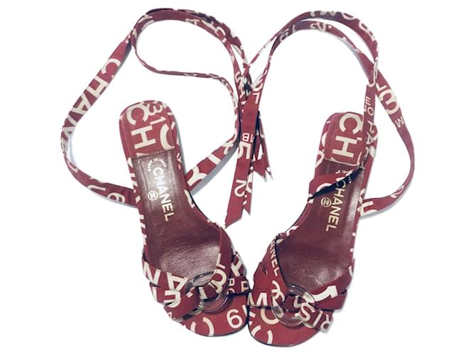 Chanel Rue 31 Sandales Cambon Cuir Toile Blanc Rouge  ref.1062197