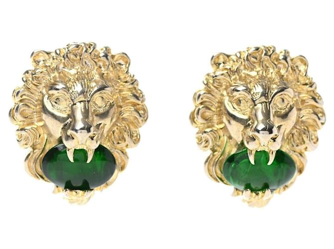 GUCCI Boucles d'oreilles clips tête de lion avec cabochon vert Acier Doré  ref.1062240
