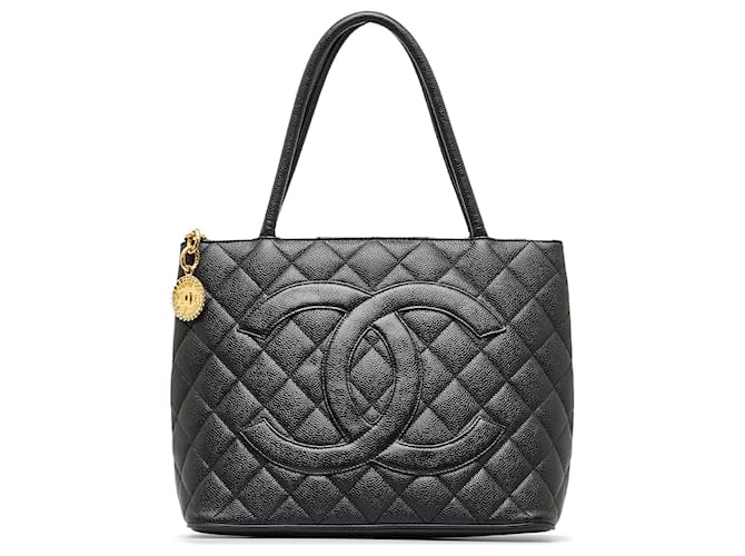 Chanel black quilted caviar leather medallion tote hotsell