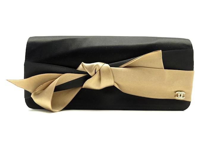 NEW CHANEL BOW POUCH HANDBAG IN BLACK & GOLD SATIN CLUTCH BAG  ref.1062596