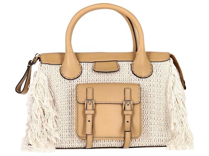 Chloé Chloe Edith Fringe Medium Day Bag in Beige Linen and Tan calf leather Leather  ref.1062800