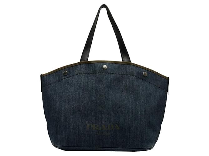 Tote Bolsa de mão de lona e couro com estampa de logo da Prada em muito bom estado Azul  ref.1062846