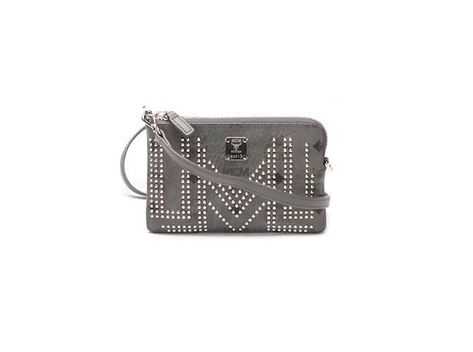 MCM Studded Visetos Pouch Bag Grey Leather Pony-style calfskin  ref.1062877