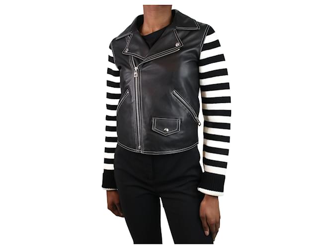 Loewe Black leather biker jacket with striped sleeves - size FR 34  ref.1062925
