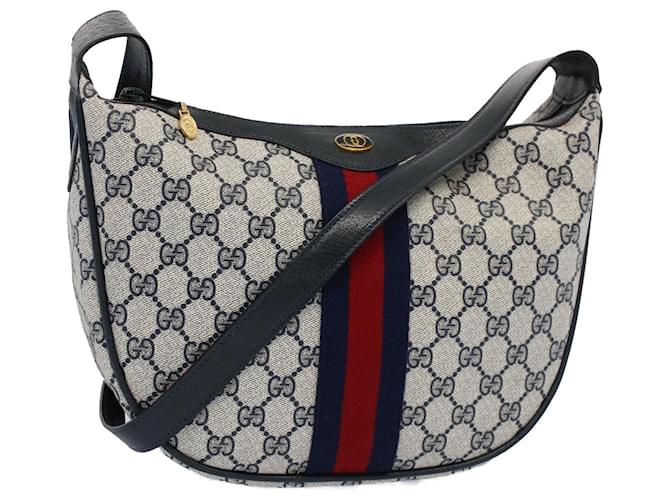 GUCCI GG Canvas Sherry Line Shoulder Bag PVC Leather Gray Navy Red Auth ki3382 Grey Navy blue  ref.1063374