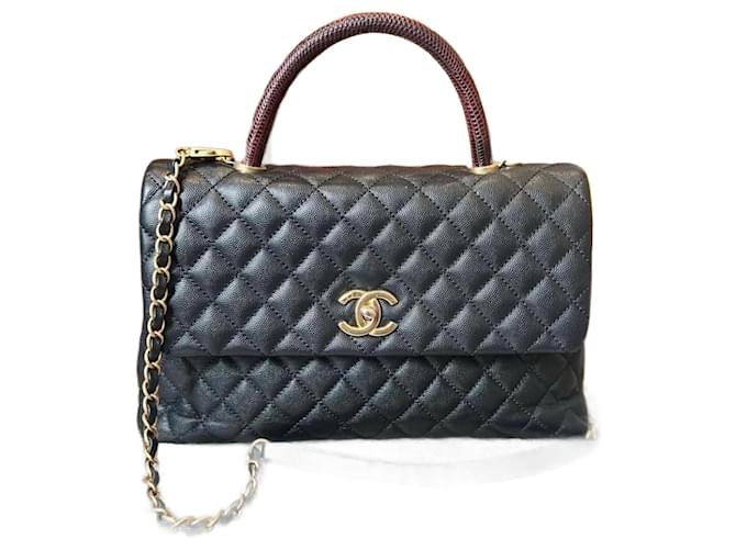 Chanel 2018 Limited Edition Medium Black Caviar Quilted Rare Lizard  Burgundy Coco Handle Bag