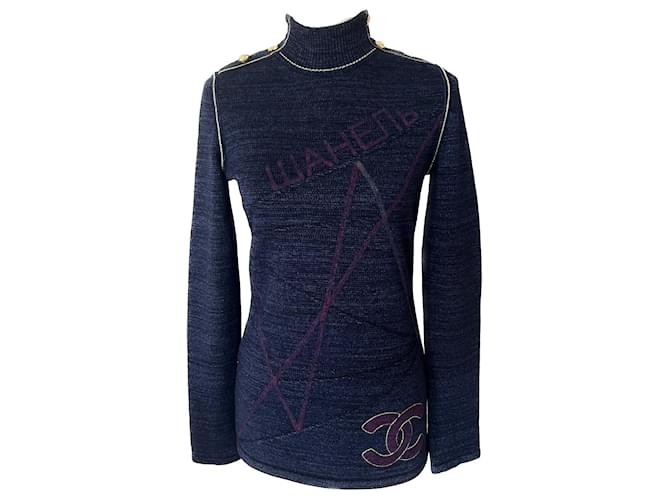 Chanel Nuovo maglione con bottoni Aquila con logo CC Blu navy Lana  ref.1063796