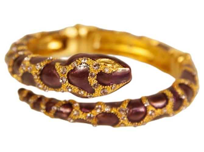 Kenneth Jay Lane Gold Enamel Rhinestone Snake  Open Cuff Bracelet Golden Metal  ref.1064337