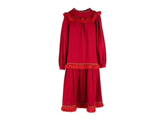 Yves Saint Laurent Vintage Smock dress with Fringe Red Wool  ref.1064590