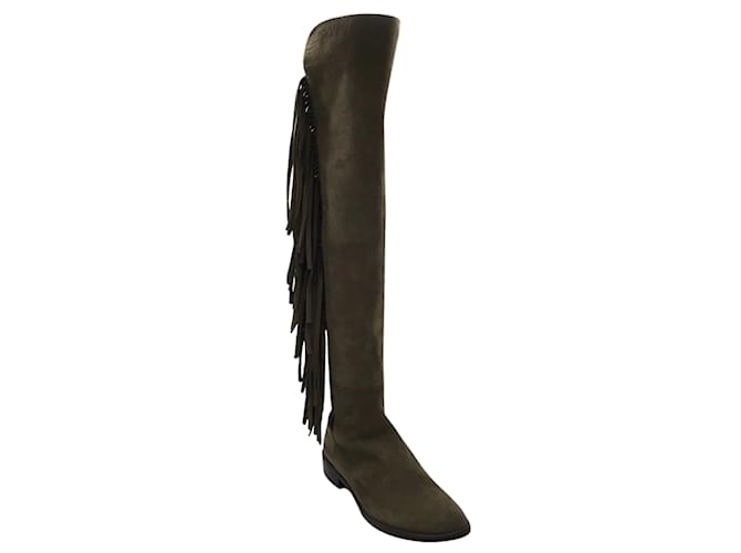 Stuart Weitzman Olive Green / Black Fringed Pull-On Knee-High Suede Leather Boots  ref.1064791