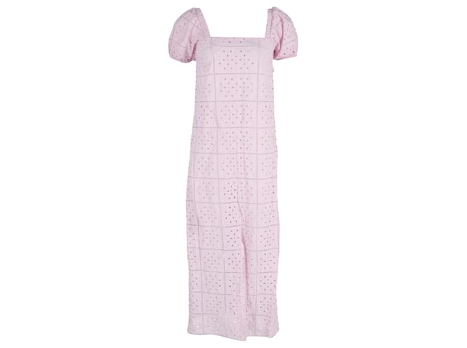 Ganni Puffed Sleeve Midi Dress in Pink Cotton  ref.1064887